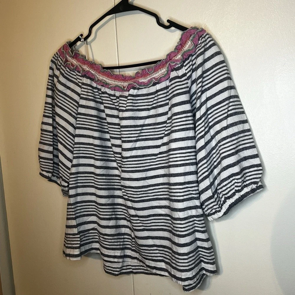 Trina Turk Women's Size Large Off The Shoulder Top Striped Vacation Travel Shirt